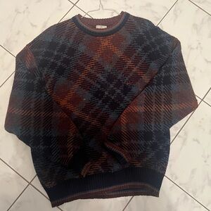 Vintage 80s Neiman Marcus Men's Crewneck Sweater - Navy and Brown Plaid Wool